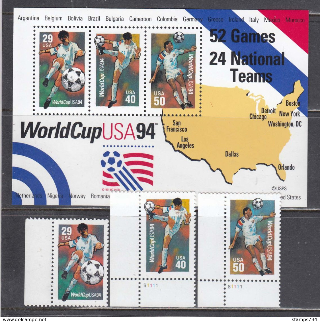 USA 1994 - Football World Cup, 3 Stamps+ S/sh, MNH** - Unused Stamps
