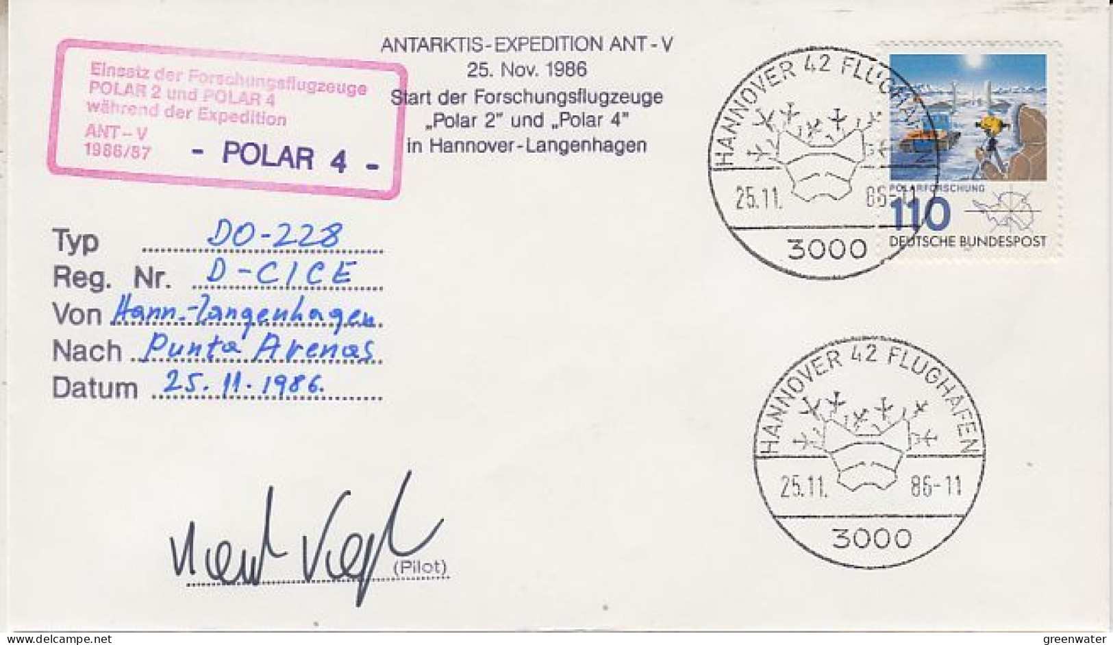 Germany  Polar 4 Flight From Hannover-Langenhagen To Punta Arenas 25.11.1986 (GS169) - Vols Polaires