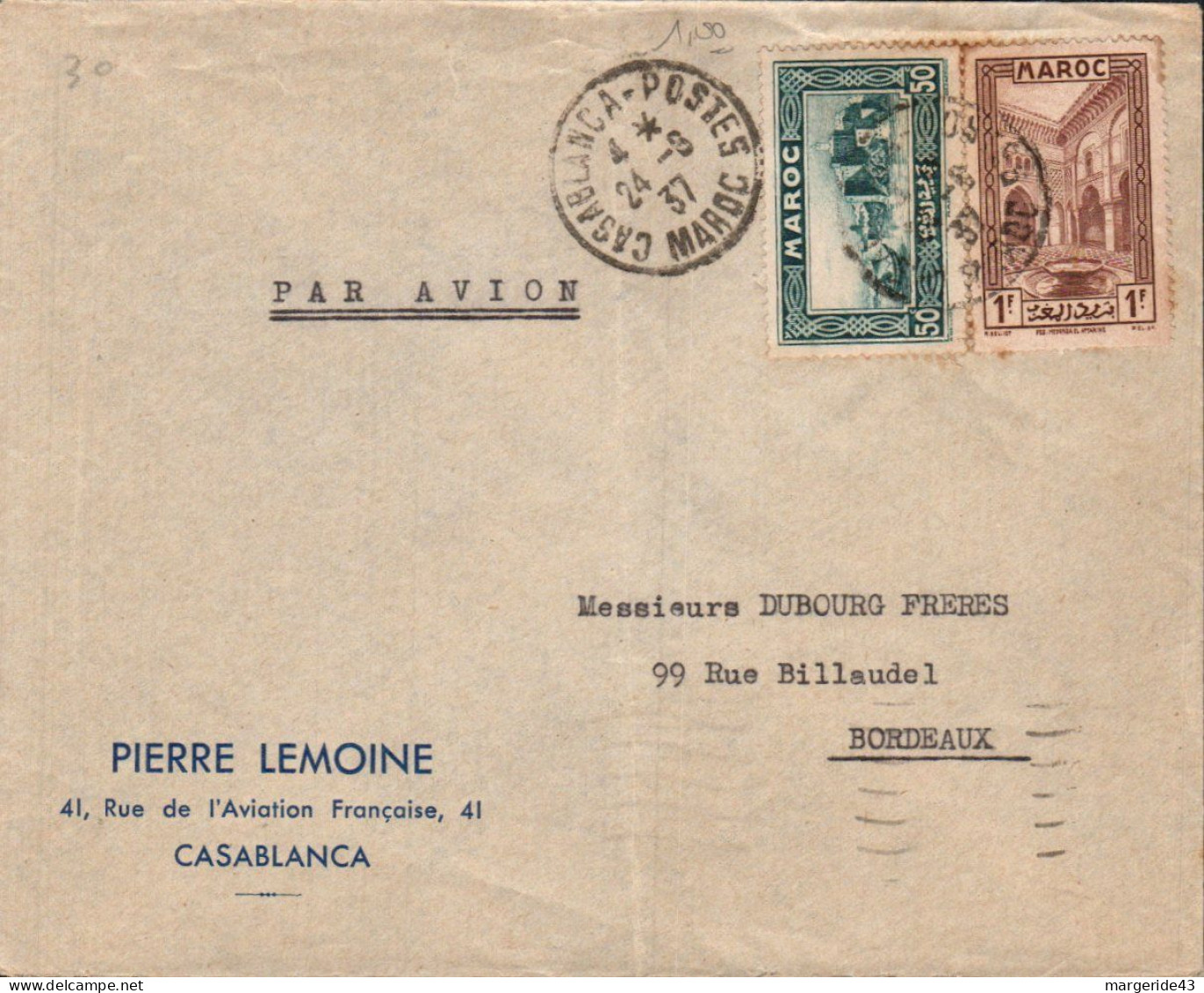 MAROC AFFRANCHISSEMENT COMPOSE SUR LETTRE A EN TETE POUR LA FRANCE 1938 - Cartas & Documentos