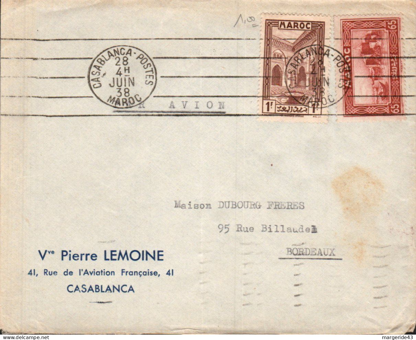 MAROC AFFRANCHISSEMENT COMPOSE SUR LETTRE A EN TETE POUR LA FRANCE 1938 - Covers & Documents