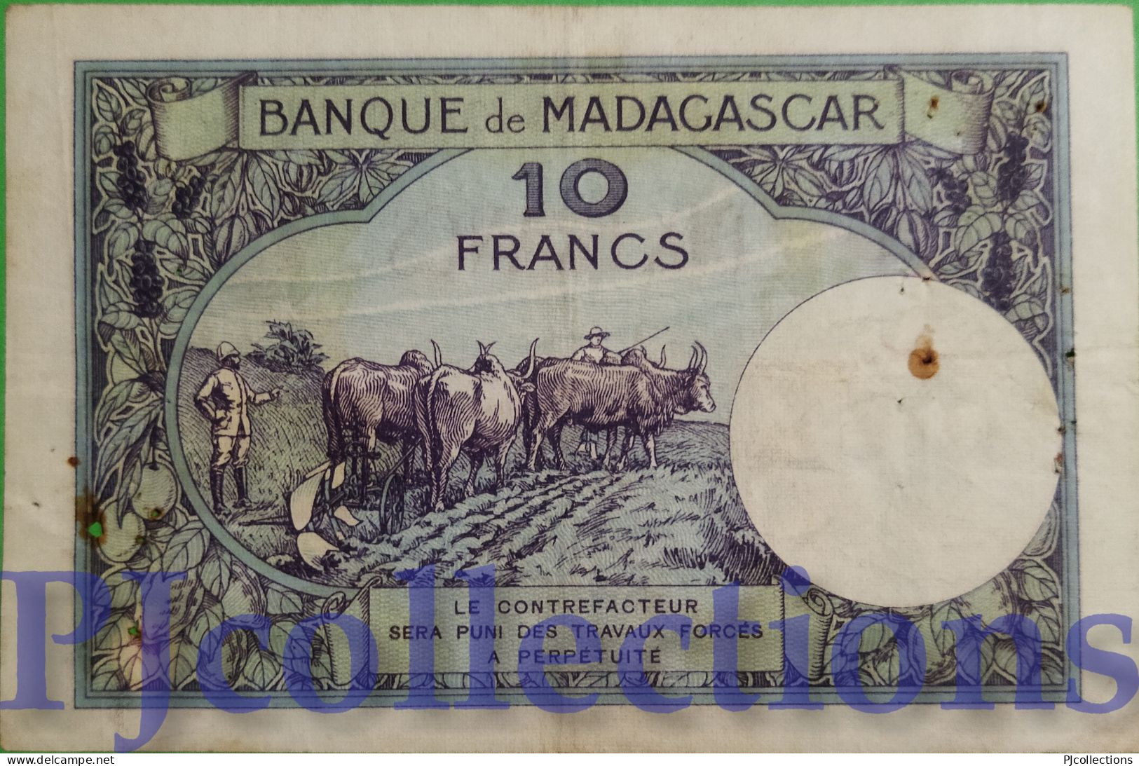 MADAGASCAR 10 FRANCS 1937/47 PICK 36 VF W/PIN HOLES - Madagaskar