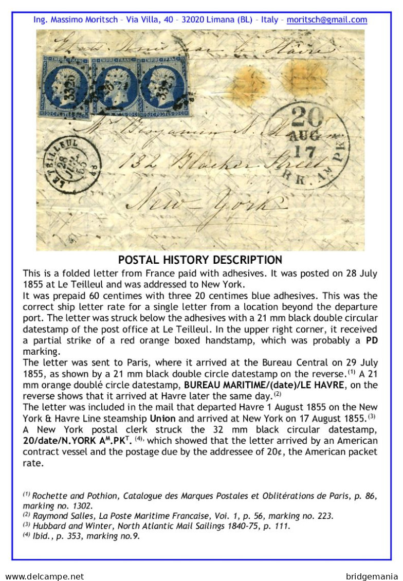 MTM130 - 1855 TRANSATLANTIC LETTER FRANCE TO USA STEAMER UNION THE HAVRE LINE - Postal History