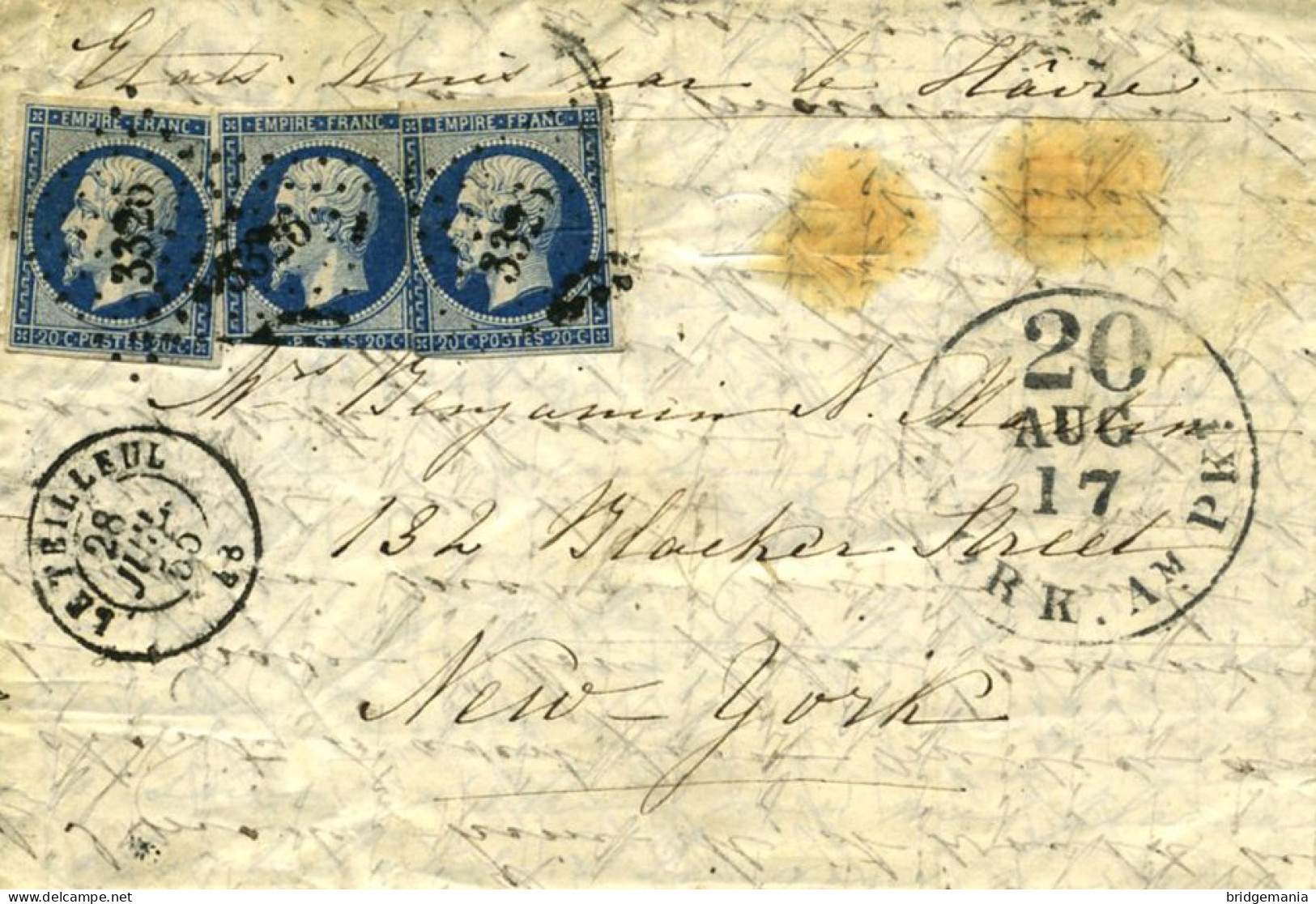 MTM130 - 1855 TRANSATLANTIC LETTER FRANCE TO USA STEAMER UNION THE HAVRE LINE - Postal History
