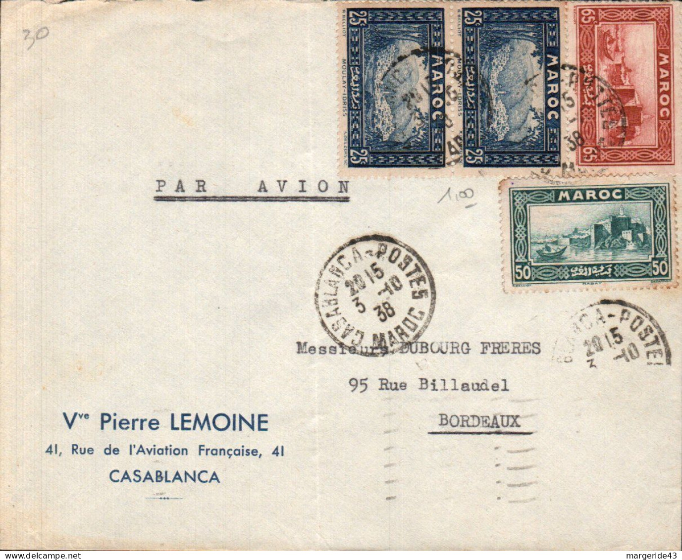 MAROC AFFRANCHISSEMENT COMPOSE SUR LETTRE A EN TETE POUR LA FRANCE 1938 - Briefe U. Dokumente