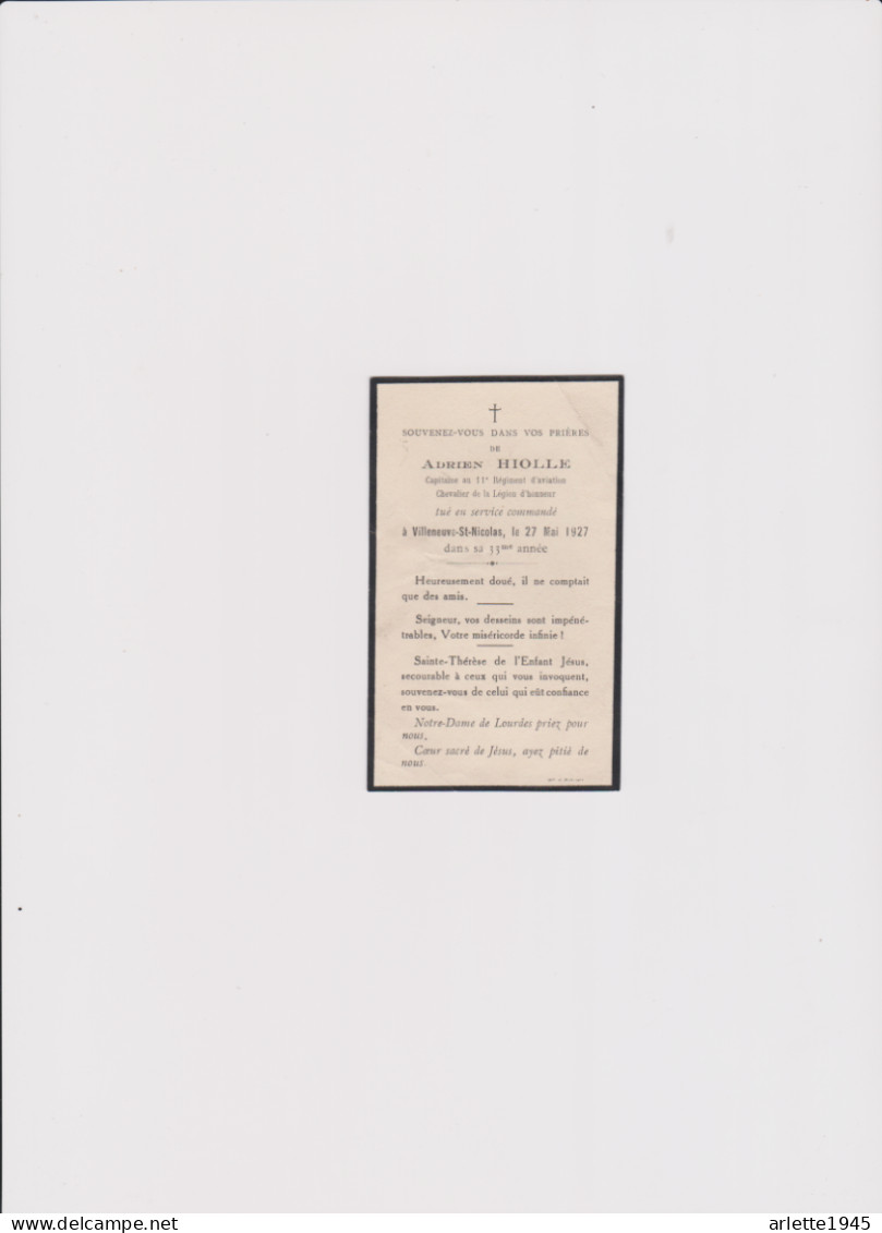 SOUVENIR ADRIEN HIOLLE CAPITAINE 11em REGIMENT D'AVIATION TUE EN SERVICE COMMANDE 1927 - 1914-18