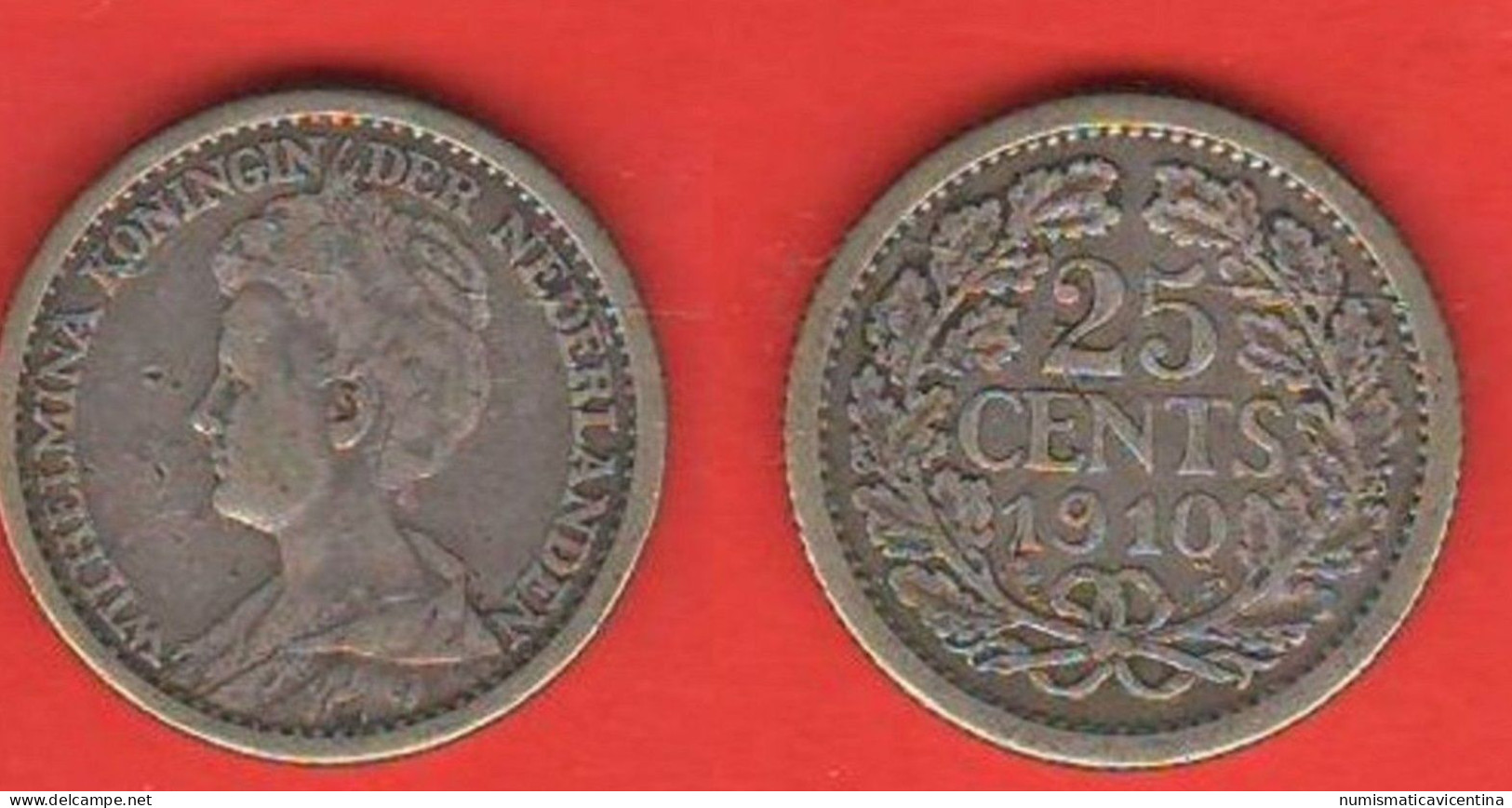 Pays Bas Holland 25 Cents 1910 Wilhemina Hollande Olanda Silver Coin Rare Date Nederland - 25 Centavos