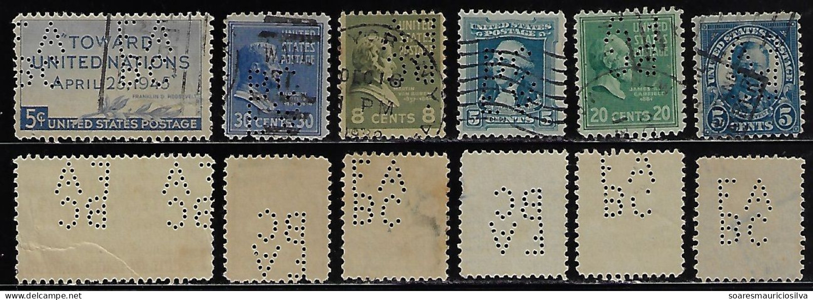 USA United States 1926/1945 6 Stamp With Perfin FA/BC By French American Banking Corporation Lochung Perfore - Perforés