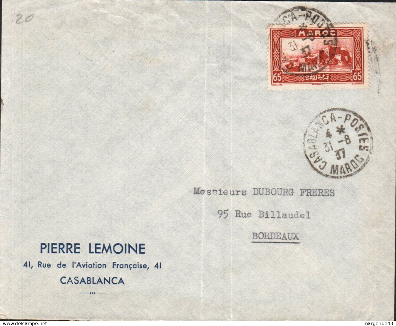 MAROC SEUL SUR LETTRE A EN TETE POUR LA FRANCE 1937 - Briefe U. Dokumente