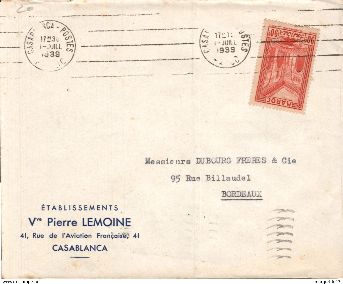 MAROC SEUL SUR LETTRE A EN TETE POUR LA FRANCE 1939 - Storia Postale