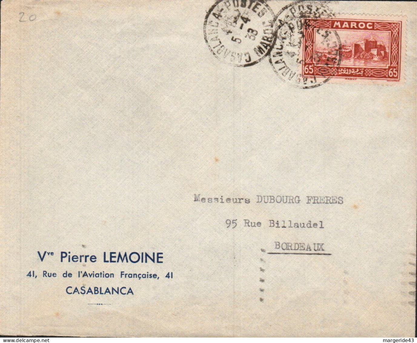 MAROC SEUL SUR LETTRE A EN TETE POUR LA FRANCE 1938 - Lettres & Documents