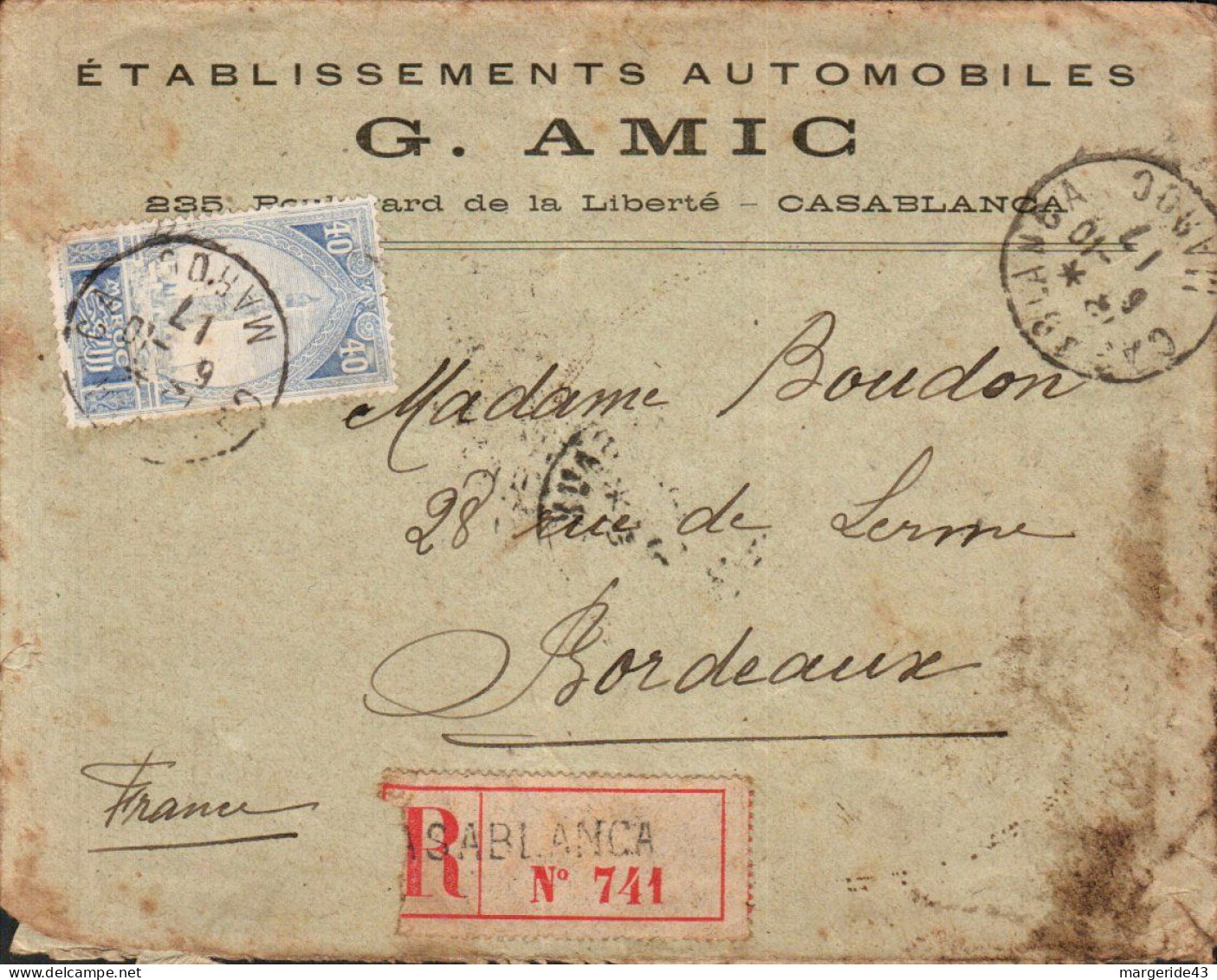 MAROC SEUL SUR LETTRE A EN TETE RECOMMANDEE POUR LA FRANCE 1917 - Briefe U. Dokumente