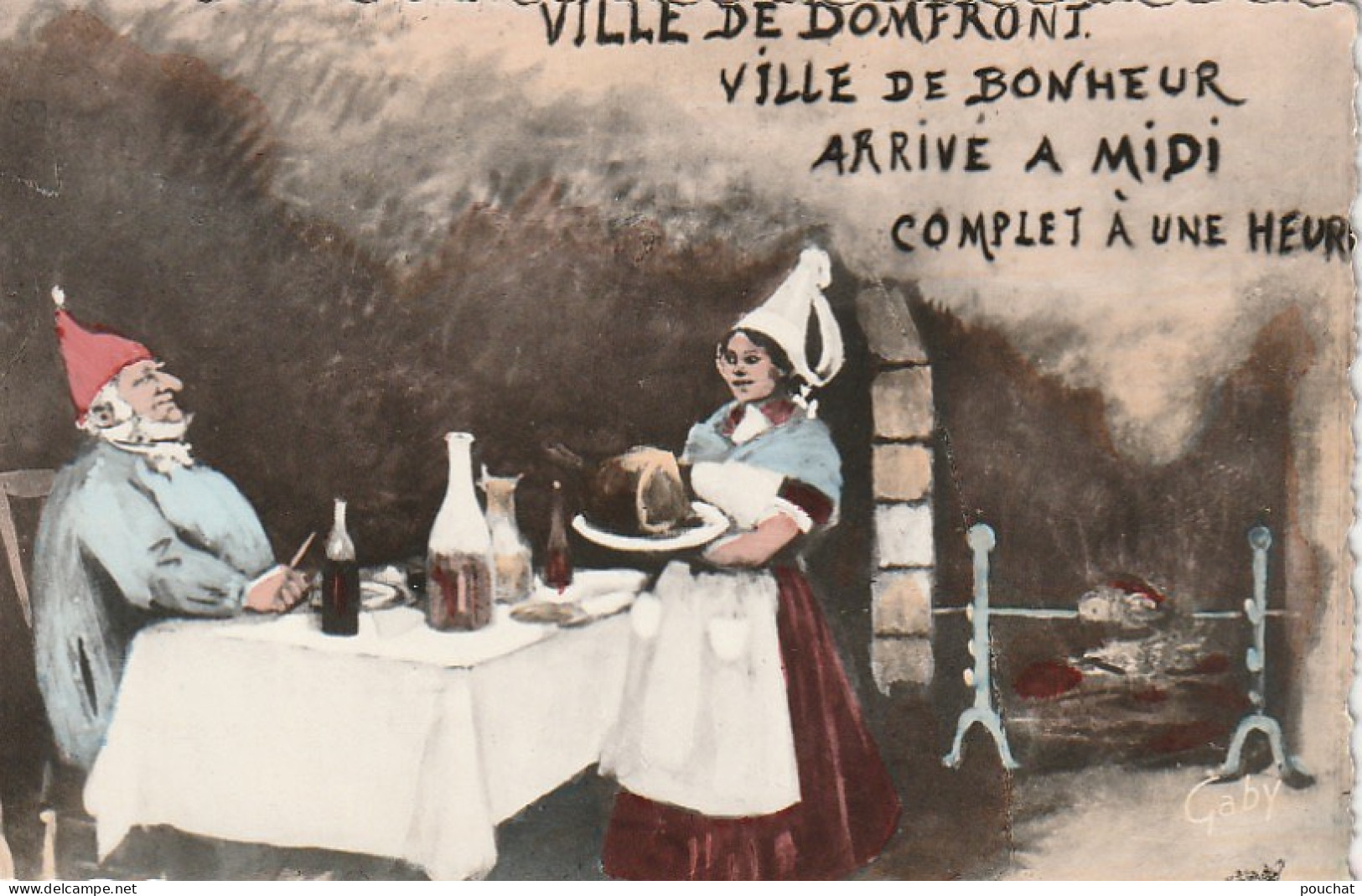 TE 3-(61) CARTE FANTAISIE " VILLE DE DOMFRONT , VILLE DE BONHEUR . ARRIVE A MIDI , COMPLET A UNE HEURE "- 2 SCANS - Domfront