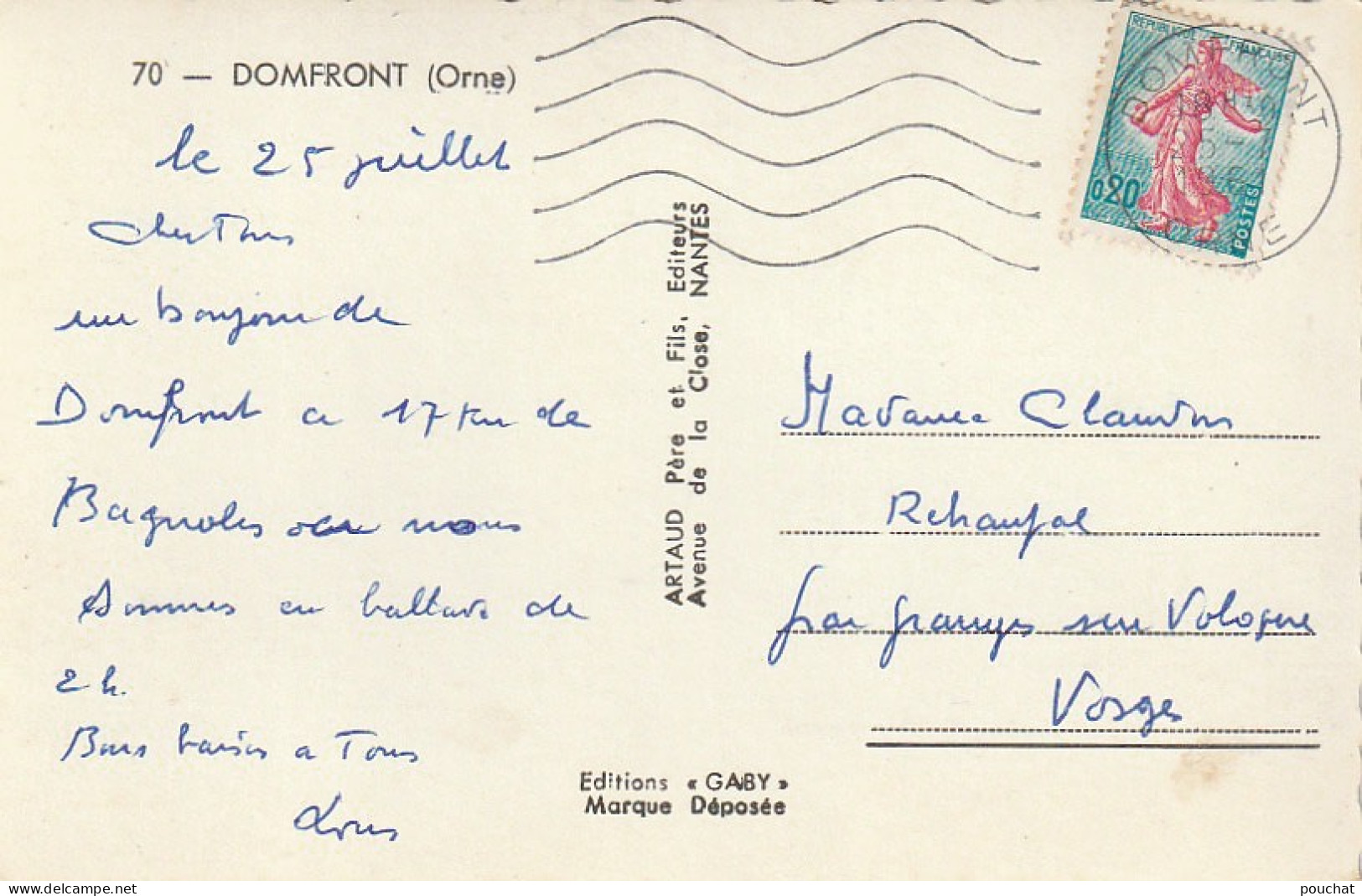 TE 3-(61) CARTE FANTAISIE " VILLE DE DOMFRONT , VILLE DE BONHEUR . ARRIVE A MIDI , COMPLET A UNE HEURE "- 2 SCANS - Domfront