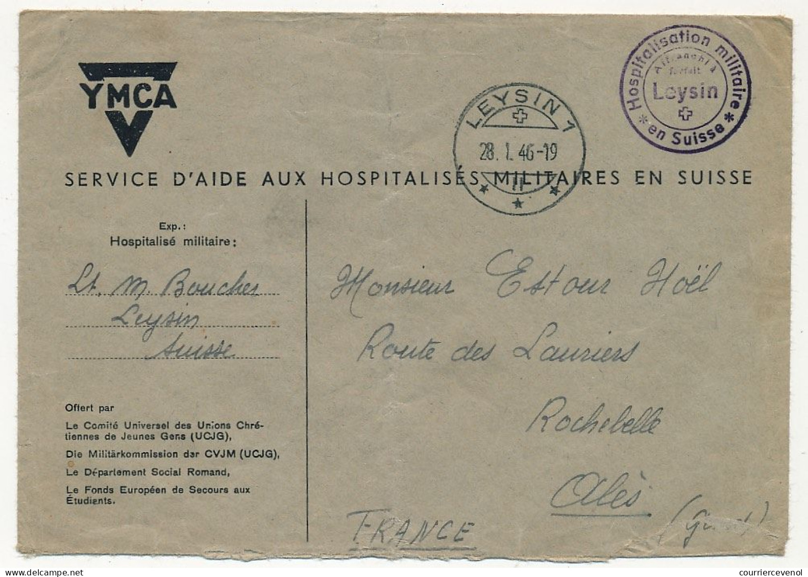 Enveloppe YMCA - Hospitalisation Militaire En Suisse - LEYSIN 1 - 1946 - Documenti