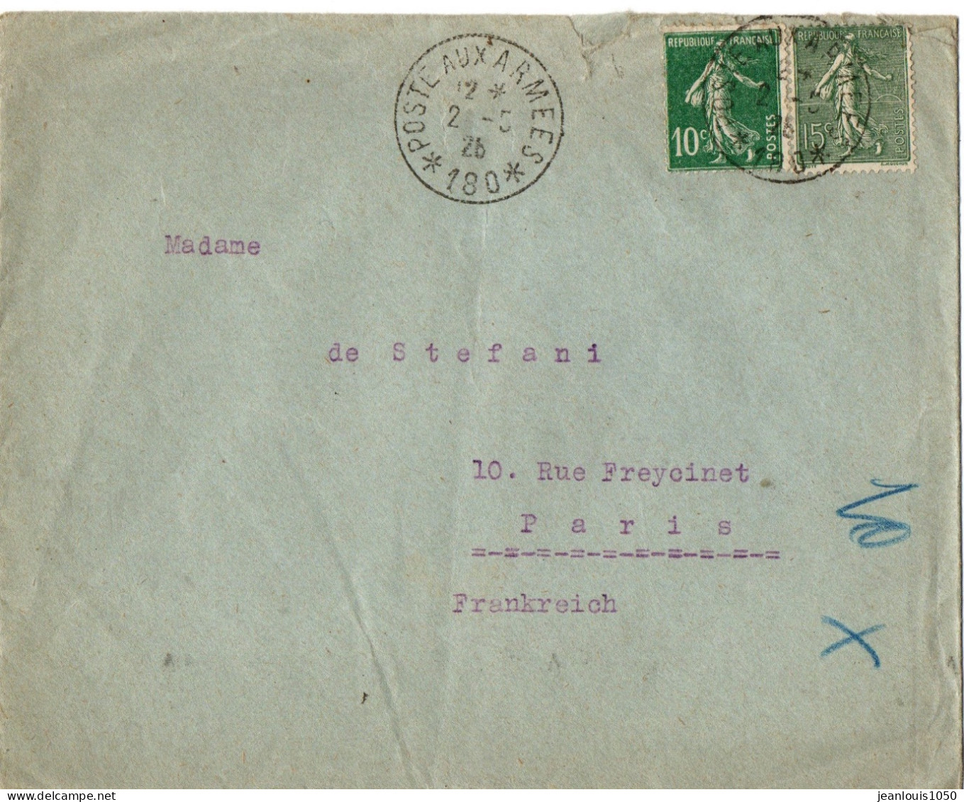 FRANCE SEMEUSES AFFRANCHISSEMENT COMBINE OBLITERETRESOR ET POSTE N°180( OCCUPATION EN ALLEMAGNE) POUR PARIS - Guerra De 1914-18