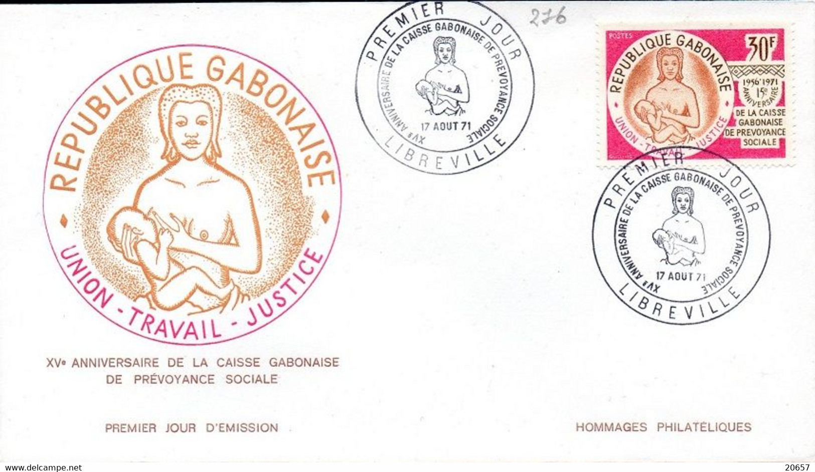 GABON 0276 Fdc Prévoyance Sociale , Femme Et Enfant - Otros & Sin Clasificación