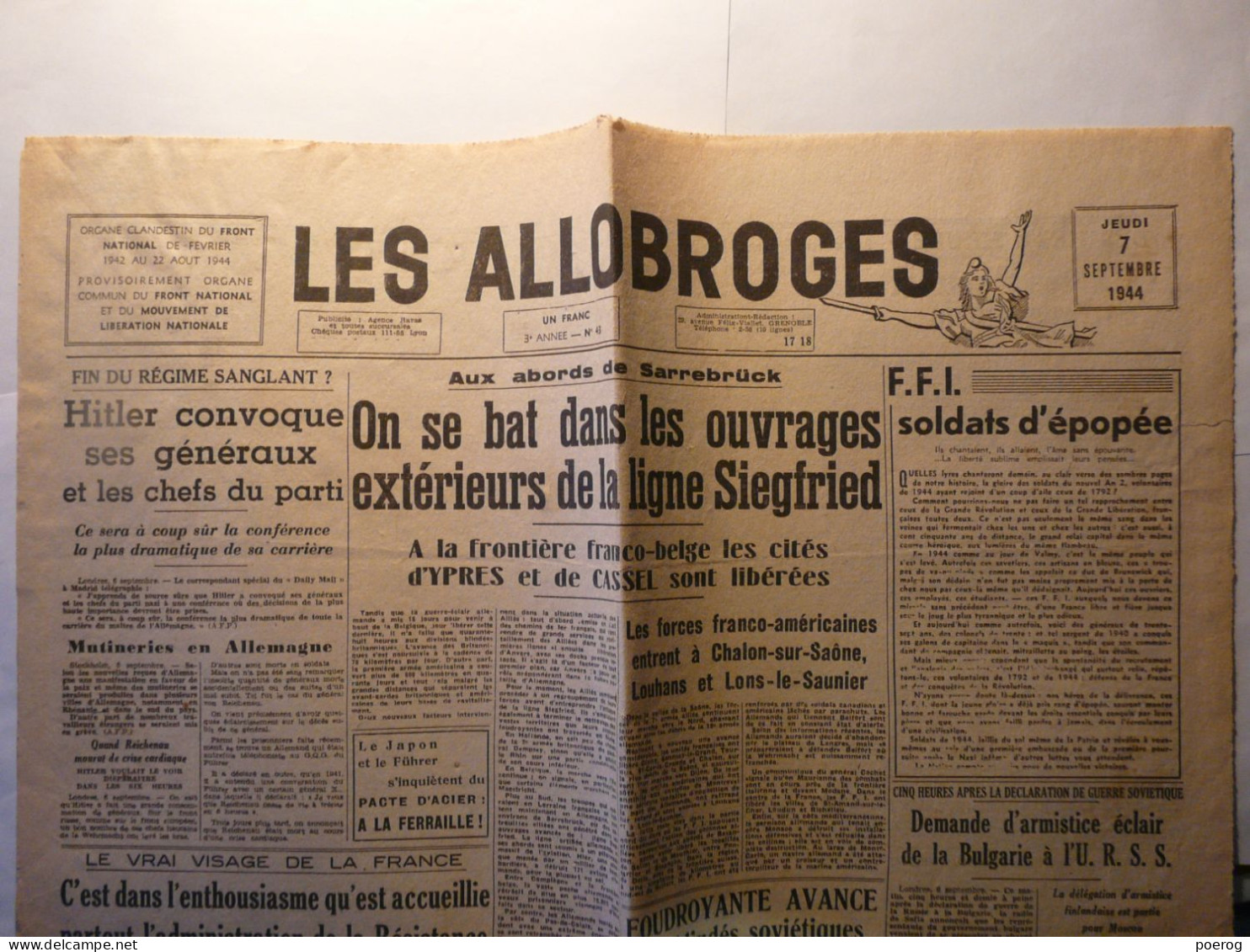 LES ALLOBROGES Du 7 SEPTEMBRE 1944 - FFI - HITLER - LIGNE SIEGFRIED - GESTAPO SAVOIE HAUTE SAVOIE ISERE - ITALIE - Other & Unclassified