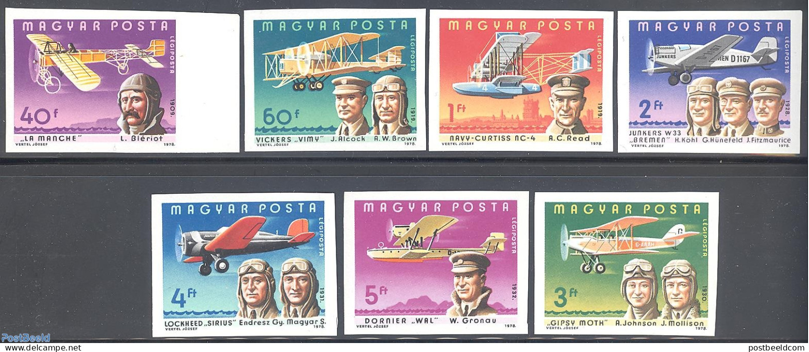 Hungary 1978 Aviators 7v Imperforated, Mint NH, Transport - Aircraft & Aviation - Unused Stamps