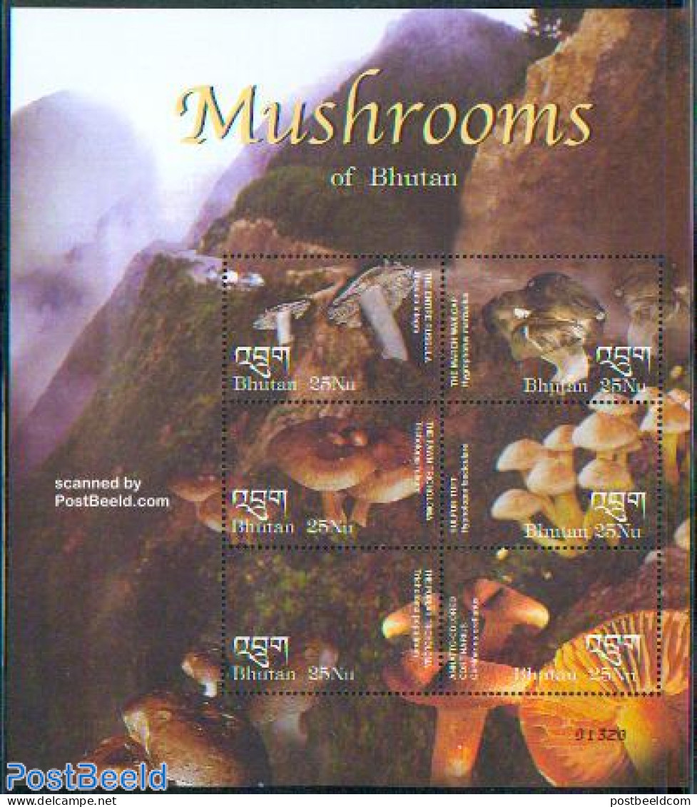 Bhutan 2002 Mushrooms 6v M/s /Russula Integra, Mint NH, Nature - Mushrooms - Funghi
