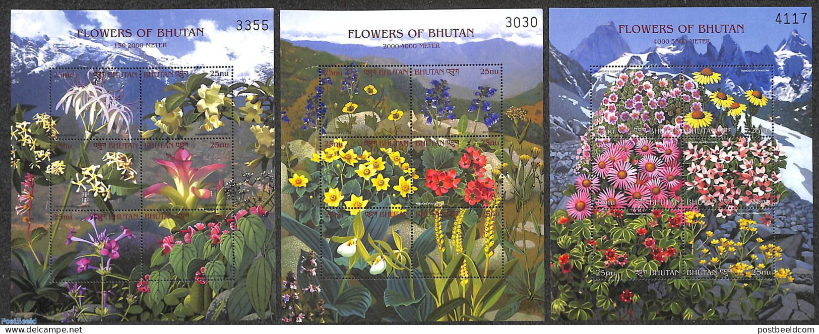 Bhutan 2000 Flora 18v In 3 M/ss, Mint NH, Nature - Flowers & Plants - Bhutan
