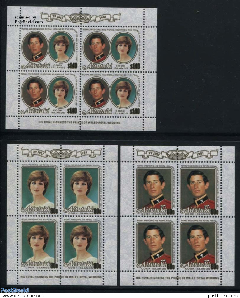 Aitutaki 1981 Royal Wedding 3 M/s, Mint NH, History - Kings & Queens (Royalty) - Royalties, Royals