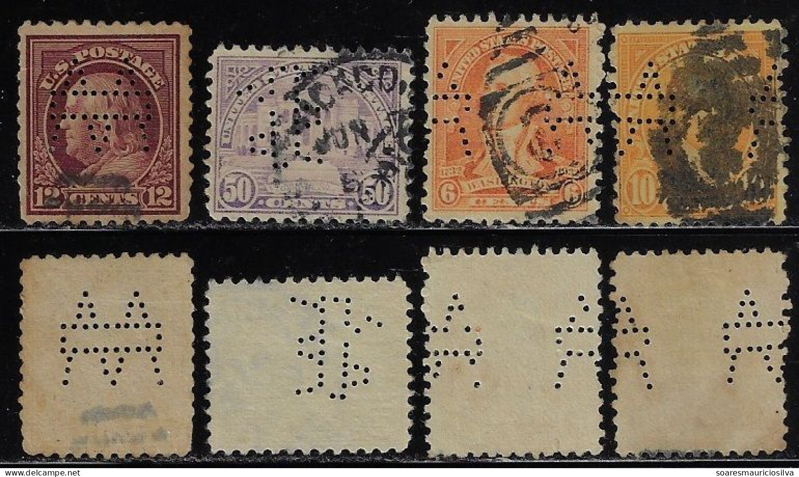 USA United States 1917/1938 4 Stamp With Perfin W Rectangle By Wilson & Company Lochung Perfore - Perforés