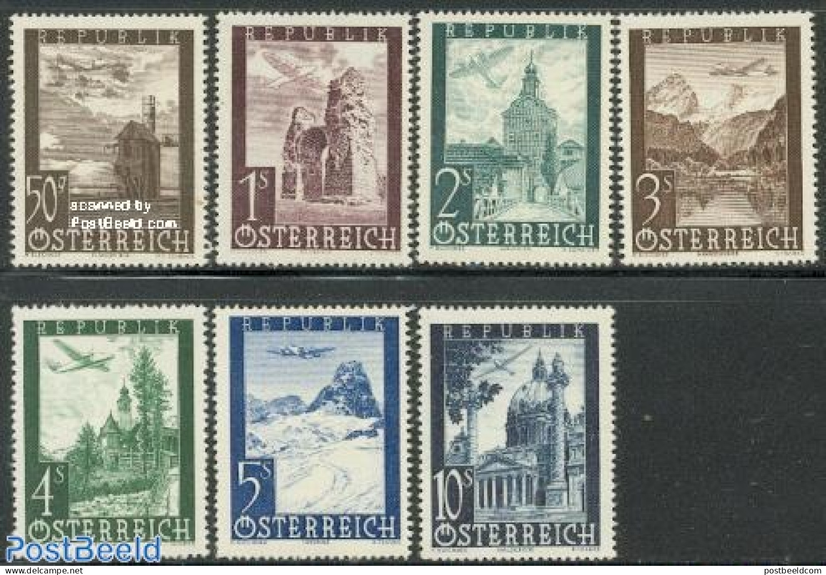 Austria 1947 Airmail Definitives 7v, Mint NH, Religion - Transport - Various - Churches, Temples, Mosques, Synagogues .. - Neufs