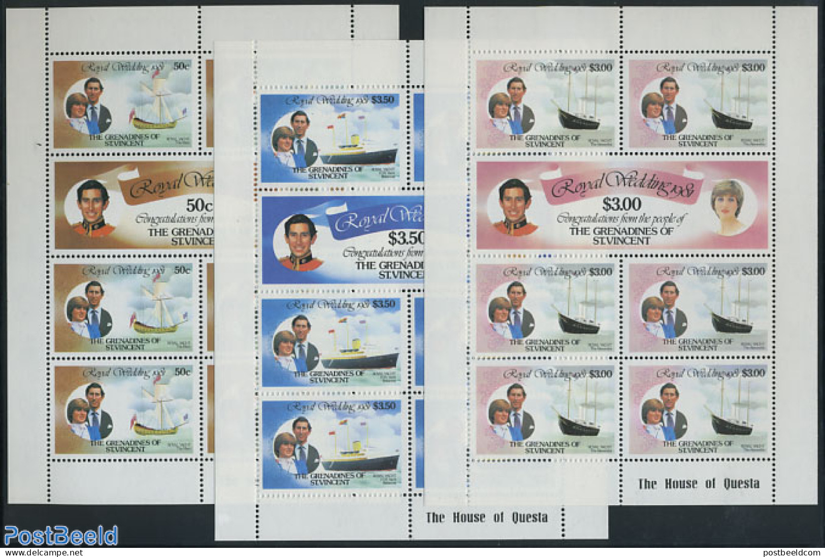 Saint Vincent & The Grenadines 1981 Royal Wedding 3 S/s, Mint NH, History - Transport - Charles & Diana - Kings & Quee.. - Royalties, Royals