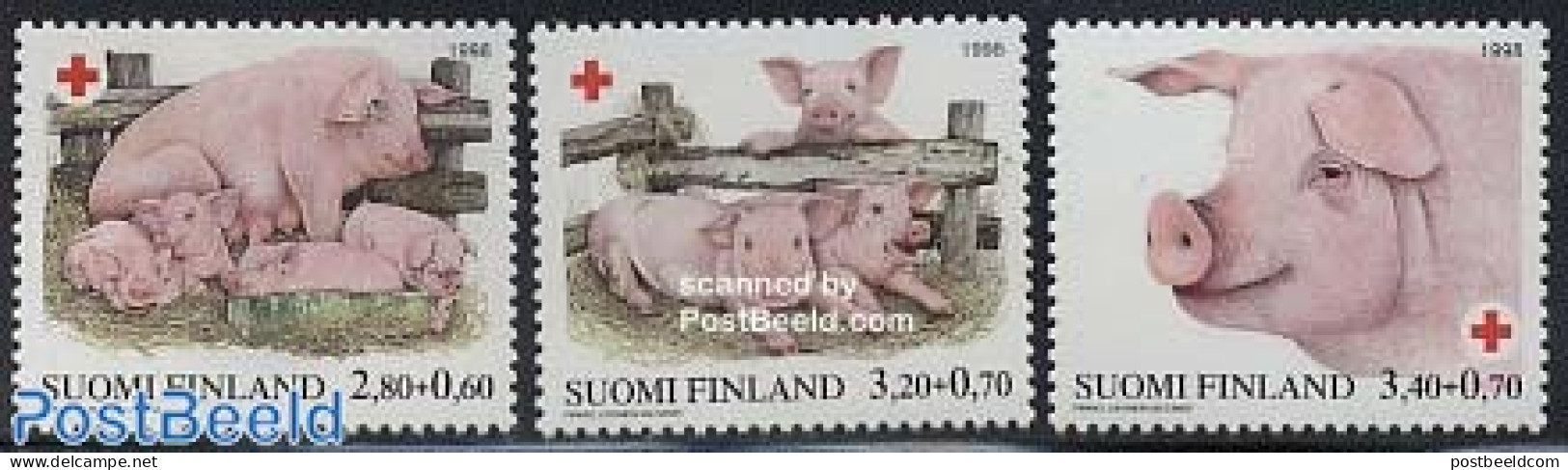 Finland 1998 Red Cross, Pigs 3v, Mint NH, Health - Nature - Red Cross - Animals (others & Mixed) - Cattle - Ungebraucht