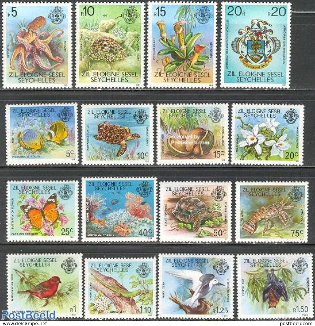 Seychelles, Zil Eloigne Sesel 1980 Definitives 16v, Mint NH, History - Nature - Coat Of Arms - Animals (others & Mixed.. - Fische