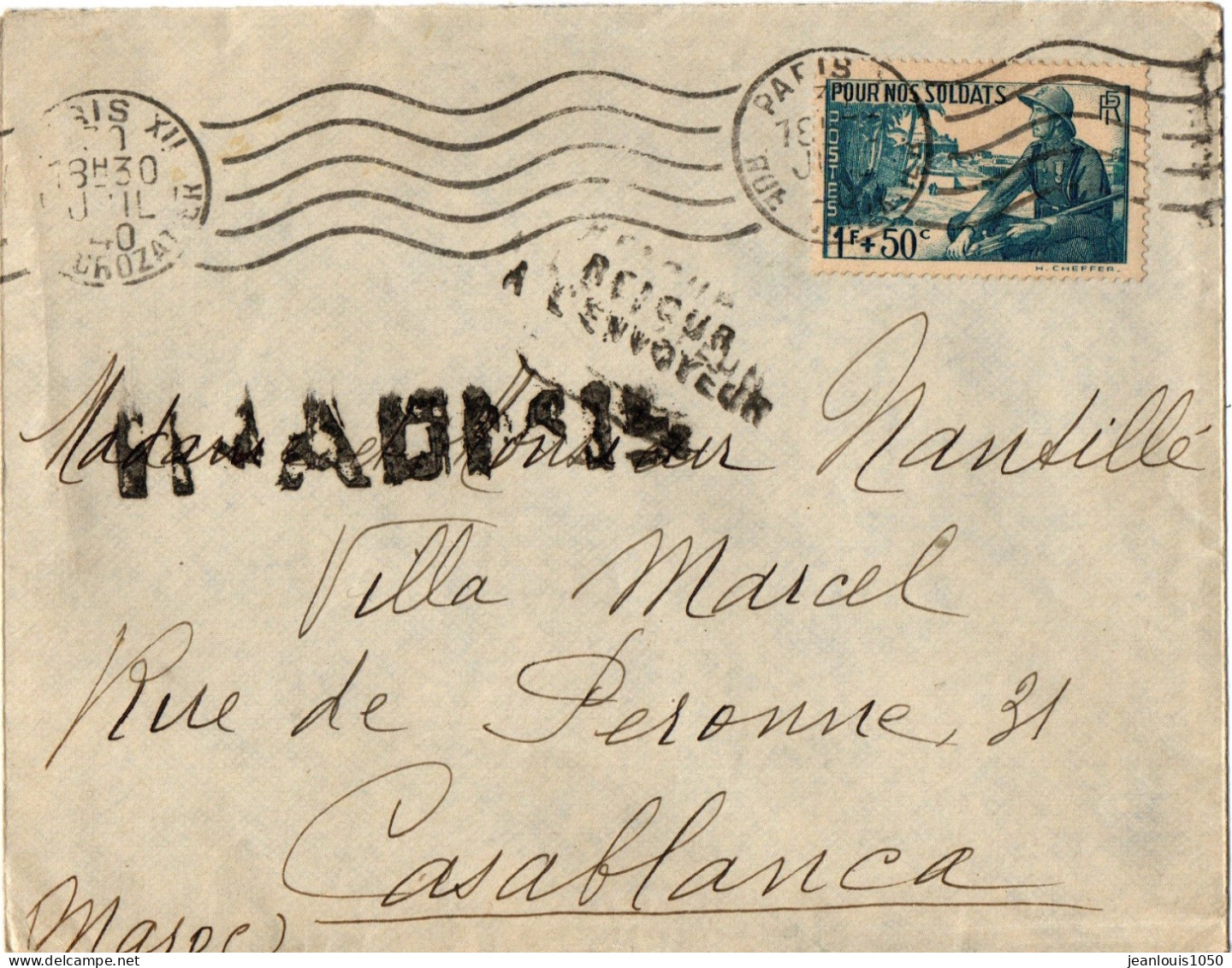 FRANCE YT N°460 SEUL SUR LETTRE OBLITERE PARIS 1940 POUR LE MAROC GRIFFE INADMIS RETOUR A L'ENVOYEUR - Lettres & Documents