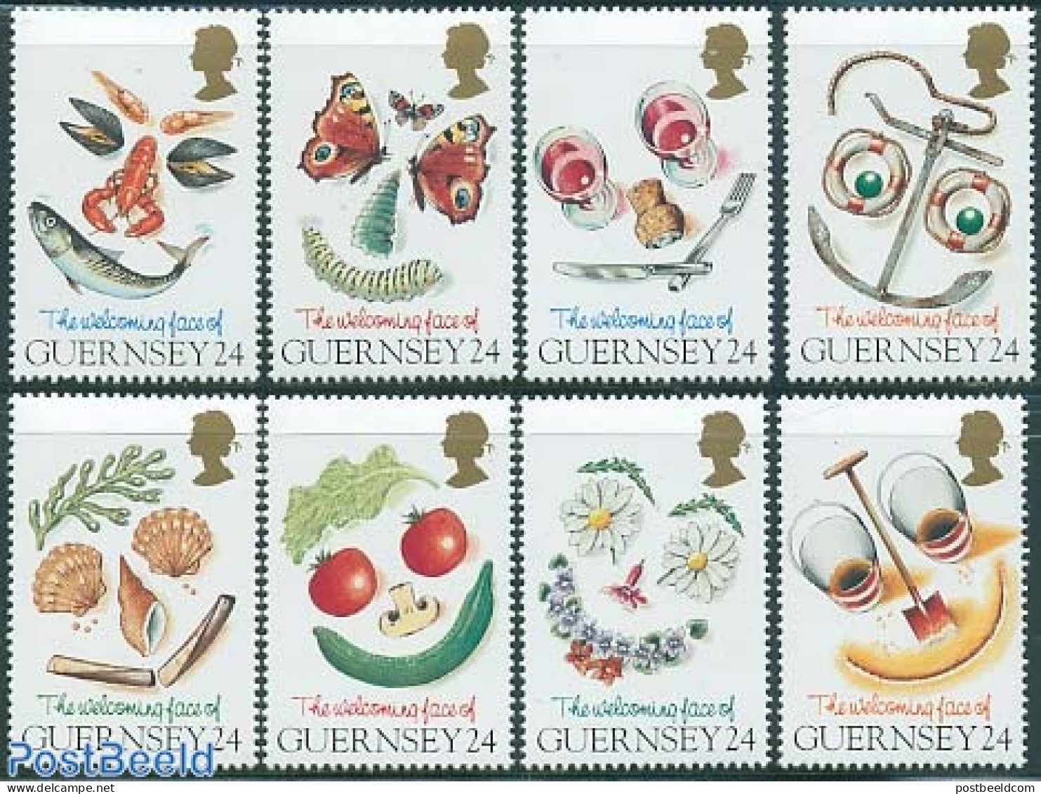 Guernsey 1995 Welcoming Face 8v, Mint NH, Health - Nature - Transport - Food & Drink - Butterflies - Fish - Flowers & .. - Alimentación