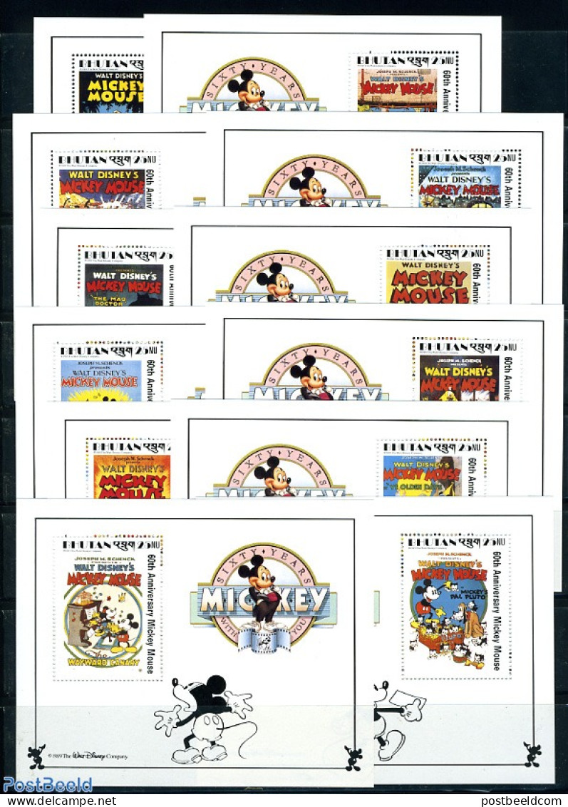 Bhutan 1989 60 Years Mickey Mouse 12 S/s, Mint NH, Nature - Cats - Art - Disney - Disney