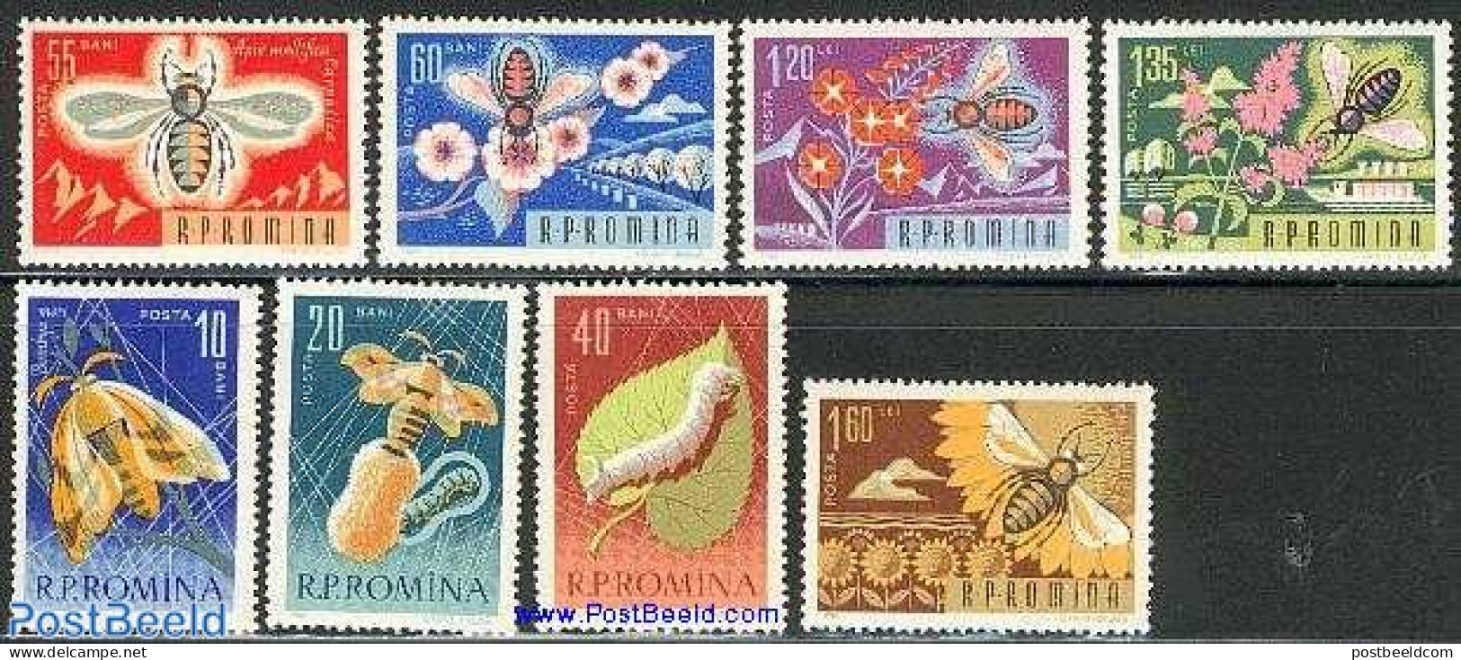 Romania 1963 Useful Insects 8v, Mint NH, Nature - Various - Bees - Flowers & Plants - Insects - Textiles - Ungebraucht