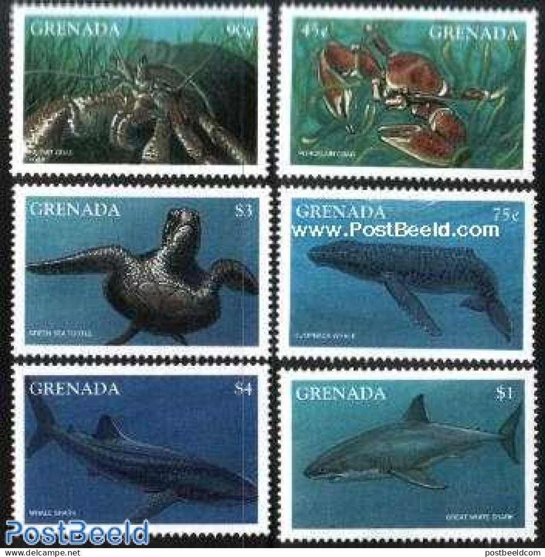 Grenada 1997 Marine Life 6v, Mint NH, Nature - Fish - Shells & Crustaceans - Turtles - Sharks - Crabs And Lobsters - Poissons