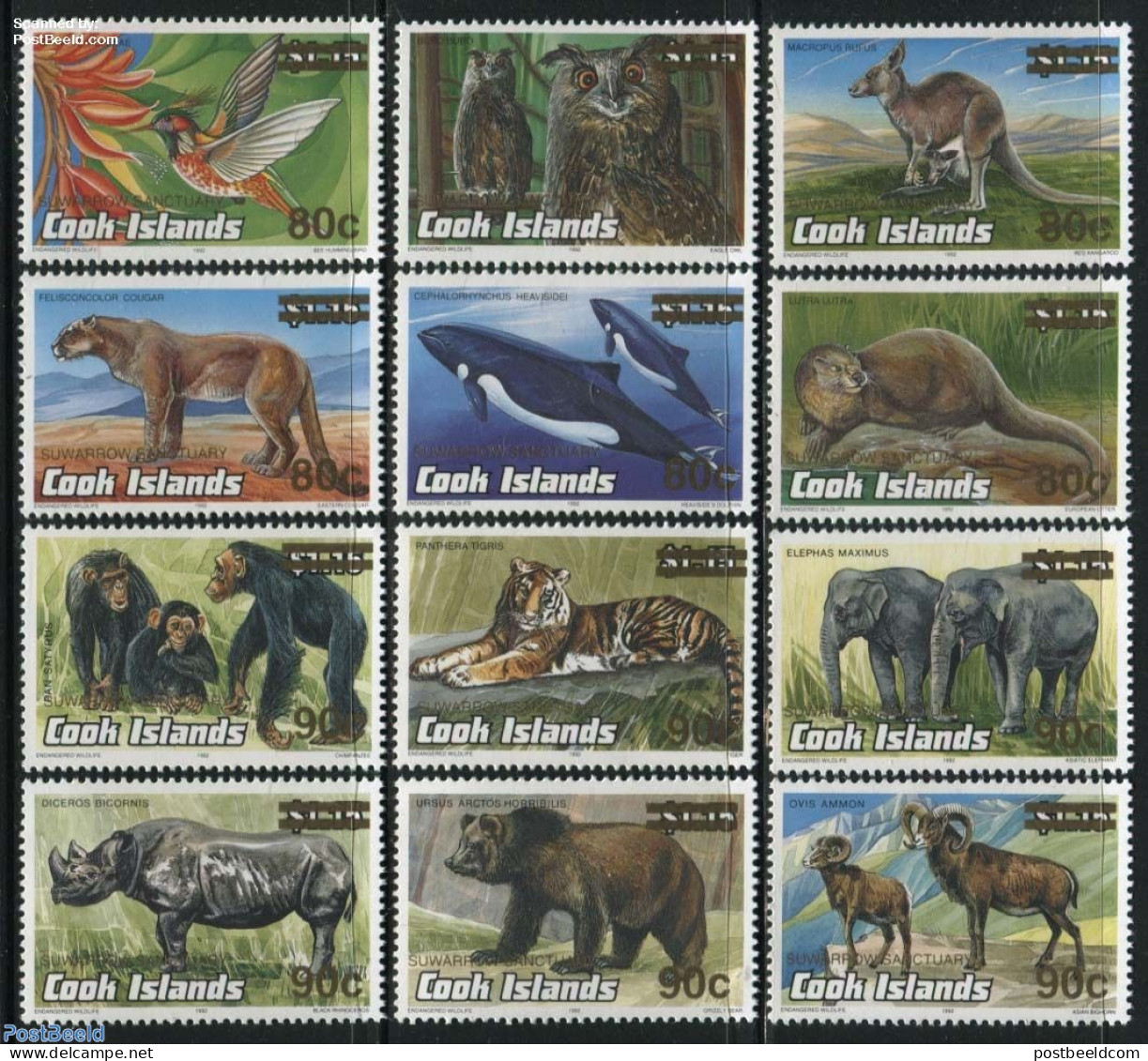 Cook Islands 2001 Overprints 12v, Mint NH, Nature - Animals (others & Mixed) - Birds - Cat Family - Elephants - Monkey.. - Other & Unclassified