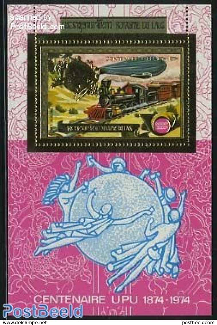 Laos 1975 UPU Centenary S/s, Gold, Mint NH, Transport - U.P.U. - Railways - Zeppelins - U.P.U.