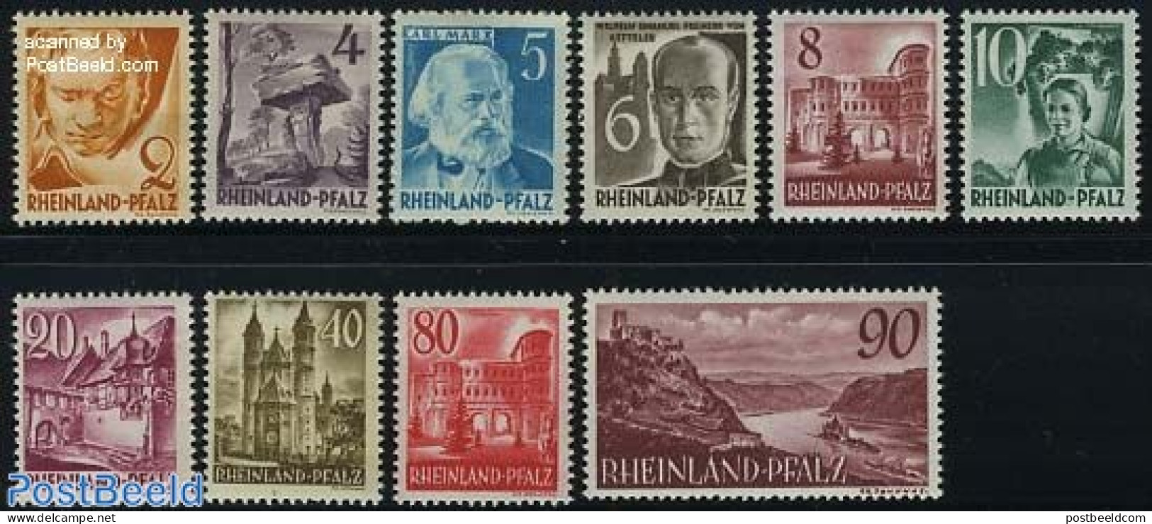 Germany, French Zone 1948 Rheinland-Pfalz, Definitives 10v, Mint NH, Nature - Performance Art - Wine & Winery - Music .. - Vins & Alcools