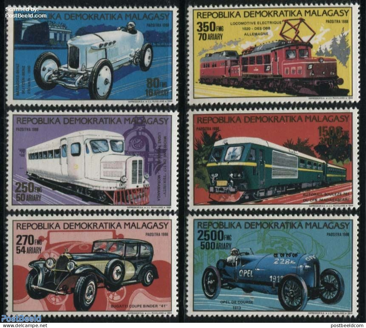 Madagascar 1989 Railways & Automobiles 6v, Mint NH, Sport - Transport - Autosports - Automobiles - Railways - Cars