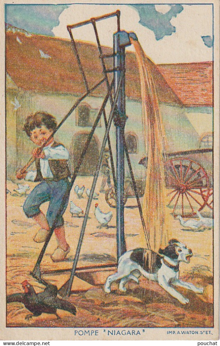 TE 18- POMPE " NIAGARA " - COUR DE FERME AVEC PAYSAN ARROSANT SON CHIEN - TAMPON MACHINES AGRICOLES THOMAS , REIMS  - Publicidad