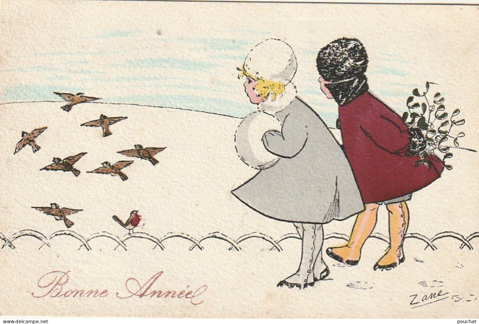 TE 18- " BONNE ANNEE "- CARTE FANTAISIE ILLUSTRATEUR ZANE - FILLETTES DANS UN PARC EN HIVER AVEC GUI ET OISEAUX- 2 SCANS - Anno Nuovo