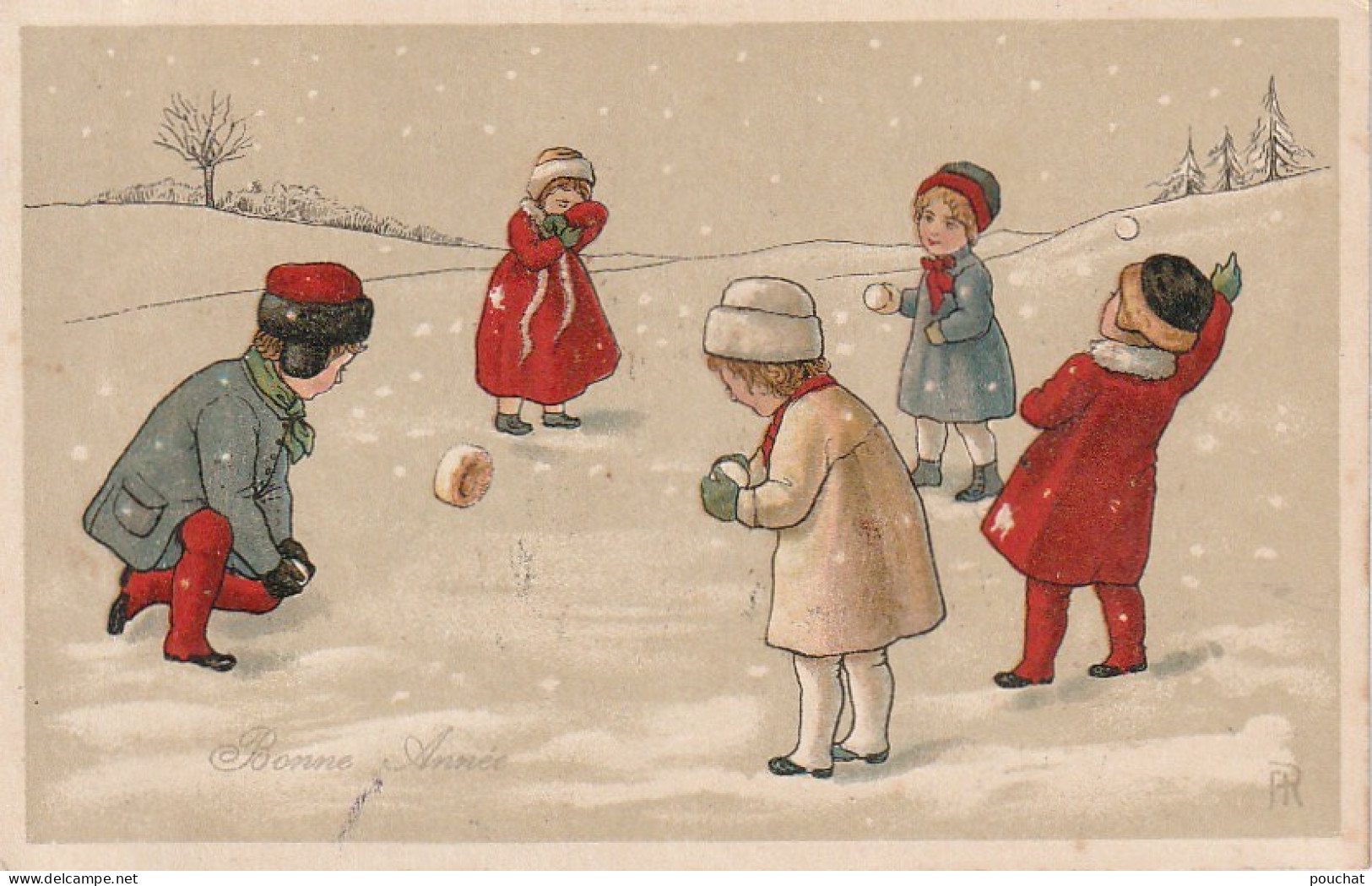 TE 18- " BONNE ANNEE "- CARTE FANTAISIE ILLUSTRATEUR - ENFANTS ET BATAILLE DE BOULES DE NEIGE - 2 SCANS - Anno Nuovo