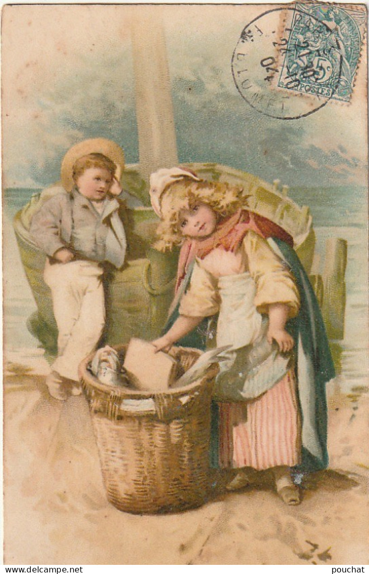 TE 18- RETOUR DE PECHE - CARTE FANTAISIE - PANIERE DE POISSONS , BARQUE  - 2 SCANS - Scene & Paesaggi