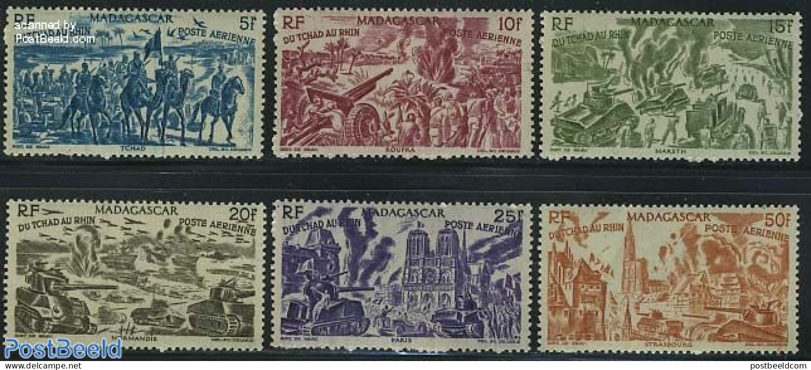 Madagascar 1946 From Chad To Rhine 6v, Mint NH, History - Nature - Transport - Militarism - World War II - Horses - Sh.. - Militaria