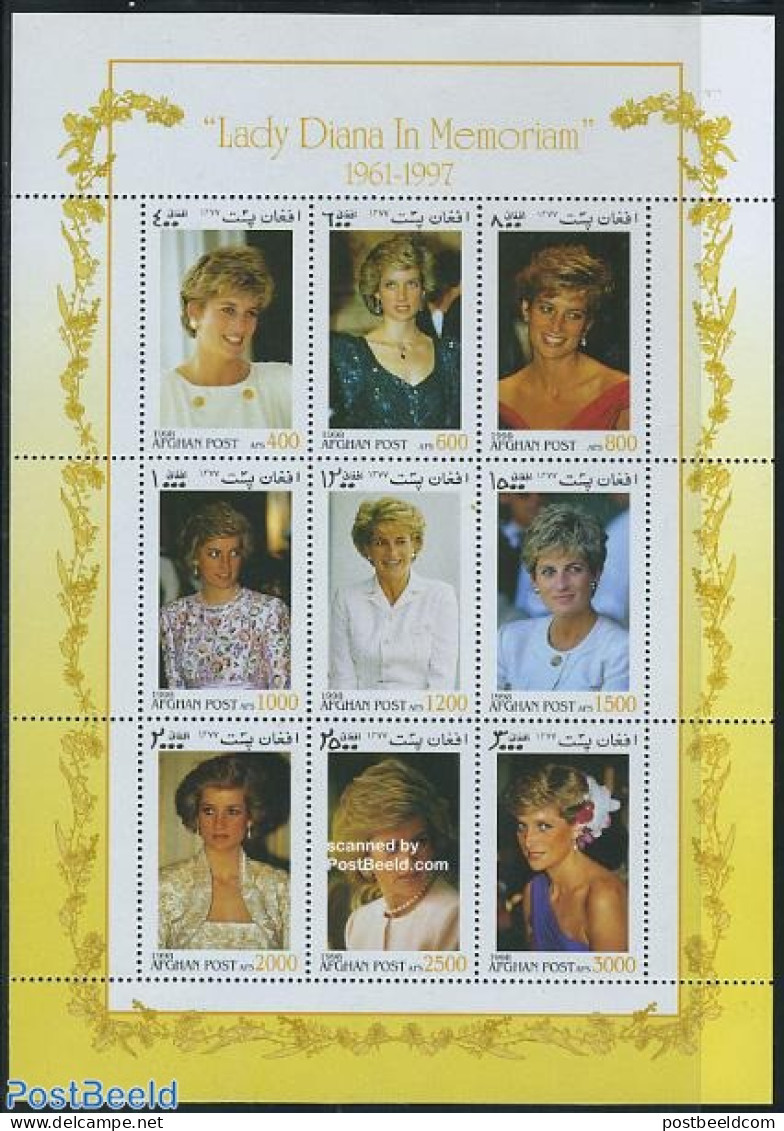 Afghanistan 1998 Princess Diana 9v M/s, Mint NH, History - Charles & Diana - Kings & Queens (Royalty) - Case Reali