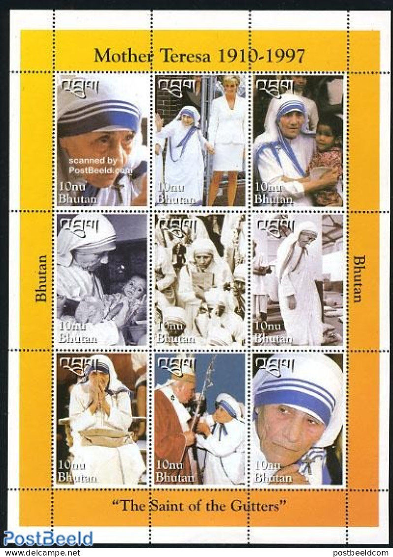 Bhutan 1998 Death Of Mother Theresa 9v M/s, Mint NH, History - Religion - Charles & Diana - Nobel Prize Winners - Pope - Royalties, Royals
