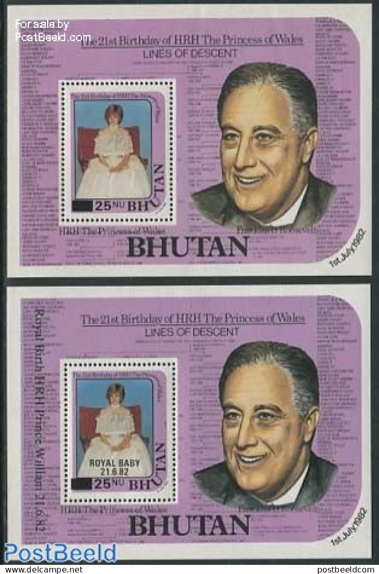Bhutan 1985 Princess Diana, Overprinted 2 S/s, Mint NH, History - American Presidents - Charles & Diana - Kings & Quee.. - Familias Reales