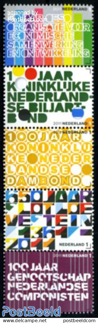 Netherlands 2011 Jubilee Stamps 5v [::::], Mint NH, Performance Art - Sport - Music - Billiards - Sport (other And Mix.. - Ongebruikt