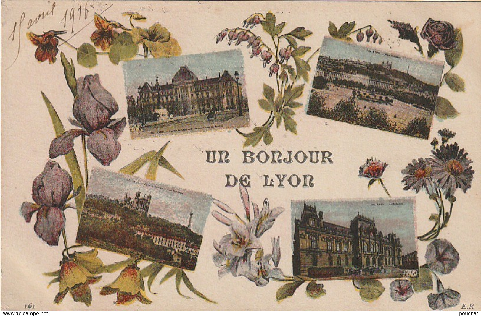 TE 22-(69) UN BONJOUR DE LYON - CARTE MULTIVUES COULEURS - DECORATION FLORALE - 2 SCANS - Otros & Sin Clasificación