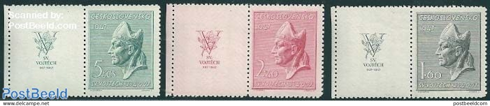 Czechoslovkia 1947 Holy Adalbert 3v+tabs, Mint NH, Religion - Religion - Sonstige & Ohne Zuordnung